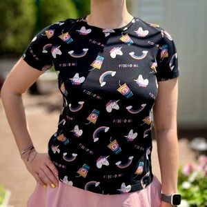 Pull & Bear Women's Black Cotton Unicorn & Rainbow Print Short Sleeve T-Shirt S